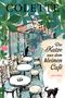 „Die Katze aus dem kleinen Café“. Illustration eines Straßencafés mit Tischen, Stühlen und einer Katze., Buch