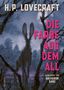 "Die Farbe aus dem All" in rosa, H.P. Lovecraft oben. Illustration: Ein düsterer Wald mit einer silhouettenhaften Kreatur., Buch