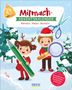 "Mitmach-Adventskalender: Rätseln, Malen, Basteln" in winterlicher Illustration, Kinder im Schnee mit Buntstift und Lupe., Kalender