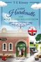 Titel: "Lady Hardcastle und der Tod im Walzertakt". Eine Bahnhofsszene mit Dampflok und britischer Flagge., Buch