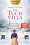 "Die Tuchvilla" von Anne Jacobs, Roman, SPIEGEL Bestseller Platz 1. Frau im Winterkleid vor schneebedeckter Villa., Buch
