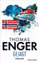 "Der Bestseller aus Norwegen", Thomas Enger, Gejagt, Thriller, rotes Haus vor Gebirgssee, norwegische Flagge., Buch