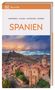 Vis-à-Vis - Spanien. Inspirieren, Planen, Entdecken, Erleben. Logo oben links, Stadt mit Burg und Hügel im Hintergrund.