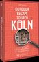 Ein orangefarbenes Buchcover mit weißen Labyrinth-Motiven zeigt: "Outdoor Escape Touren Köln". Ein kleiner Läufer symbolisiert Bewegung. Unten in einem Lupenfenster ist ein historisches Steinrelief zu sehen., Buch
