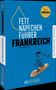 „Fettnäpfchenführer Frankreich“ von Felicitas Meyer. Illustration: Frosch auf Baguette. Blauer Hintergrund., Buch