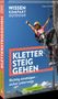 Texte: „Wissen kompakt Outdoor“, „Klettersteiggehen“, „Richtig einsteigen – sicher unterwegs“. Frau klettert lächelnd., Buch