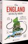 "ENGLAND mit dem Zug entdecken", Buchcover mit Landkarte Englands, Zugstrecke, grüner Landschaft und Sehenswürdigkeiten.