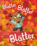 „Blätter Blätter Blätter“, ein fröhlicher Bär im Herbstlaub auf rotem Hintergrund, gekleidet in eine blaue Jacke., Buch