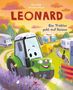 Text: "Suza Kolb, Christine Faust; LEONARD; Ein Traktor geht auf Reisen." Illustration: Ein fröhlicher Traktor auf einem Campingplatz., Buch