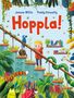 Text: "Jeanne Willis", "Paddy Donnelly", "Hoppla!". Ein Junge auf einer Treppe, umgeben von Dschungelpflanzen und Tieren., Buch