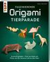 „Faszinierende Origami Tierparade“ von Nancy Neumann. Verschiedene Origami-Tiere auf grünem Hintergrund., Buch
