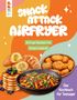 "Snack Attack Airfryer", "Airfryer-Rezepte für Hungry Legends", "Das Kochbuch für Teenager". Illustration mit Speisen.