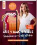 „Aus 1 mach viele: Rundpassen-Shirts stricken“ steht groß. Links hängen bunte Shirts. Eine lächelnde Frau zeigt darauf., Buch