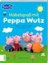„Häkelnspaß mit Peppa Wutz“, über 20 niedliche Figuren. Oben Logo: Biene, Sonne, Wolken; unten bunte Häkeltiere., Buch