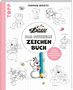 „Das offizielle Zeichenbuch“. Diddl hält einen großen Bleistift; skizzenhafte Cartoonfiguren sind um ihn herum verteilt., Buch