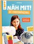 "NÄH MIT! DIE KINDERNÄHSCHULE", Bestsellerhinweis, Mädchen an Nähmaschine, Stoffe und Plüschschaf-Illustration.