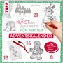 Text: "Die Kunst des Zeichnens für Kinder. Adventskalender. 24x Seiten öffnen Zeichnen Basteln."

Illustration: Ein Rentier, Eisbär, Schneemann und Lebkuchenmann. Handschrift mit einem roten Stift., Buch