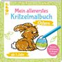 „Mein allererstes Kritzelmalbuch Ostern“ steht in bunten Buchstaben. Ein Hase und ein Osterei mit Buntstift., Buch