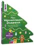 Buchtitel: "Mein Weihnachtsbaum Stickerbuch". Dekoriertes Cover: Baumform, Sterne, Kugeln, Lebkuchenmann, Geschenke., Buch