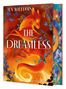 „THE DREAMLESS“ von Jen Williams. Illustration mit leuchtendem Fuchs, blauen Blumen und Drachenmotiv am Rand., Buch