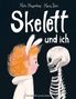 „Skelett und ich“: Ein Kind mit roten Haaren sieht ein Skelett an. Illustrativer Stil., Buch