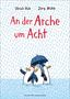 Titel: „An der Arche um Acht“. Drei Pinguine im Regen mit Regenschirm, Illustration.