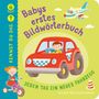 "Babys erstes Bildwörterbuch, jeden Tag ein neues Fahrzeug". Kind in rotem Auto, Baby auf Dreirad, darüber ein Flugzeug., Buch