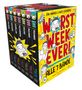 Buchbox mit der Aufschrift: "WORST WEEK EVER!" und "ALLE 7 BÄNDE". Enthält Illustrationen eines überraschten Charakters.