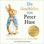 „Die Geschichte von Peter Hase“ ist der Titel. Illustration eines Hasen in blauer Jacke. Text im Kreis: „Mit Klappen...“, Buch