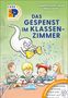 „Das Gespenst im Klassenzimmer“ zeigt ein fröhliches Gespenst, das über Schülern schwebt und Wasser mit einem Schwamm spritzt., Buch