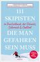 Buchtitel in Blau: "111 Skipisten in Deutschland, der Schweiz, Österreich & Südtirol, die man gefahren sein muss." Skifahrer unten.