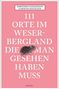 Text: "111 Orte im Weserbergland die man gesehen haben muss." Rosa Hintergrund, kleine Maus in der Mitte.
