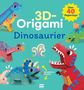 „3D-Origami Dinosaurier“, „Über 40 Papertoys“, Illustrationen von bunten Dinosaurier-Modellen auf grünem Hintergrund., Buch