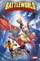 „BATTLEWORLD“, „NEUE HELDEN, NEUE WELTEN“. Superhelden in dynamischen Posen vor einem kosmischen Hintergrund., Buch