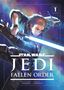 Oben steht "Star Wars Jedi: Fallen Order". Illustration: Figur mit Lichtschwert vor buntem Weltraumhintergrund., Buch