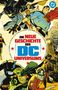 Text: "Die neue Geschichte des DC Universums." Comic-Illustration mit bekannten Superhelden in Aktion. Benutzerdefiniert durch lebendige Farben., Buch