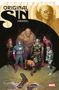 "Marvel Events: Original Sin. Sündenfall. Figuren in Superheldenkostümen umringen eine Leiche. Oben ein finsteres Gesicht."