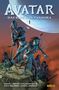 "AVATAR: DAS BLUT VON PANDORA 1". Science-Fiction-Illustration von blauen, humanoiden Wesen mit Waffen und einem Planeten im Hintergrund., Buch