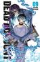 "09 SHIZUMU WATANABE" in Blau. Illustration: Zwei Figuren mit blauen Flammen, ein Skelett und ein Junge mit Cyber-Elementen., Buch