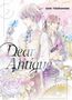 "Dear Antique", "Saki Tsukahara", "2". Zwei gezeichnete Figuren, eine mit Roboterhand, sanfte Farben, Blumen, Vogel, Zahnräder., Buch
