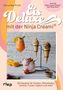 Eis Deluxe: Rezeptbuch. Oben: Cocktailglas mit Saft, Eiskugeln in Schale und Waffeln auf Ständer., Buch