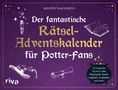 „Der fantastische Rätsel-Adventskalender für Potter-Fans“. Illustration mit Zauberstab, Buch und Kessel.