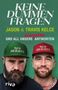 Buchtitel: Jason Kelce und Travis Kelce "Keine dummen Fragen". Blaue Hintergrundgestaltung, riva Logo.