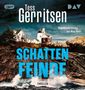 Text: "Tess Gerritsen, Schattenfreunde, Thriller, Ungekürzte Lesung mit Nina Petri".  
Szene: Leuchtturm auf Klippen am stürmischen Meer., MP3-CD