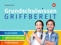 "Grundschulwissen Griffbereit. Grammatik, Rechtschreibung, Mathematik." Zwei lächelnde Kinder auf buntem Hintergrund.