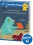 Bücherfresser und Dachbodengespenster. Illustration: Blaues pelziges Wesen beißt in Bücher. Sticker: „OHNE KI“., Buch