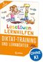 "Leselöwen Lernhilfen: Diktat-Training und Lernwörter. Illustration mit Kindern und Hund, Texte wie 'Fluss', 'Schlüssel', 'Straße'.", Buch