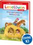 Ein Buchcover mit dem Titel "Leselöwen 1. Klasse: Eine ponystarke Reitstunde". Kinder auf Ponys und in Heu, „OHNE KI“-Stempel., Buch