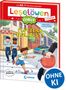 Buchtitel: "Plötzlich Polizist!" Ein Junge zeigt auf einen flüchtenden Dieb, verfolgt von Polizisten. Polizei im Hintergrund., Buch
