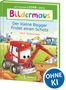 "Der kleine Bagger findet einen Schatz" steht auf einem Kinderbuchcover. Illustration zeigt einen fröhlichen roten Bagger., Buch